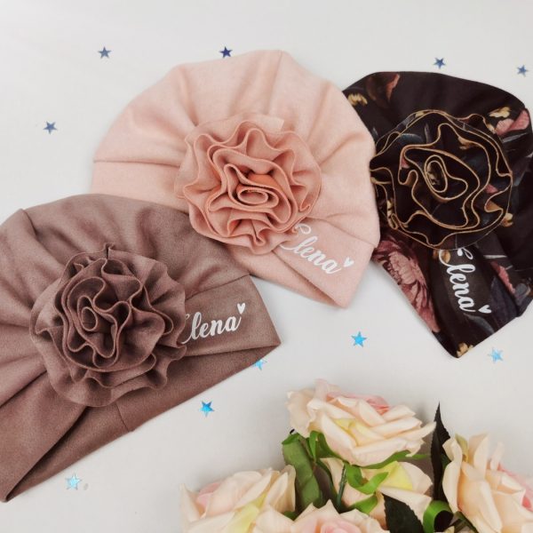 turban schwarz braun rosa altrosa mit name personalisiert sendoro shop lollipop blume mütze