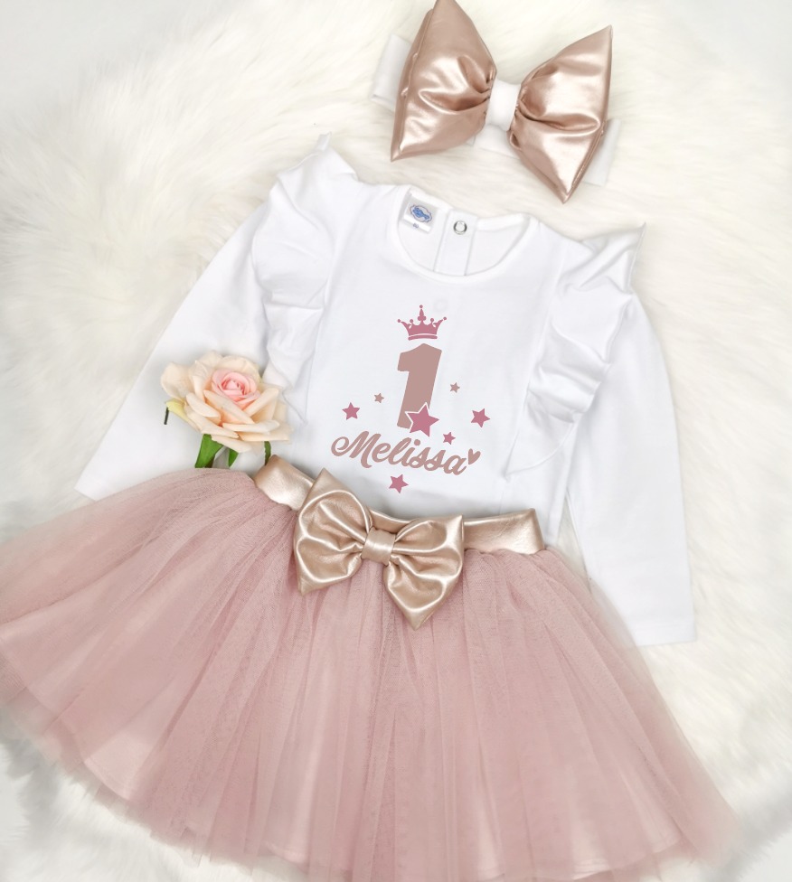 rose-gold-princess altrosa tutu tüllrock body rüschen sendoro shop stirnband geburtstag personalisiert geburtstagskleid zahl 1