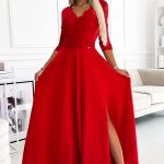 309-8 AMBER Spitze, elegantes langes Kleid mit Ausschnitt und Beinschlitz – rot numoco sendoro shop