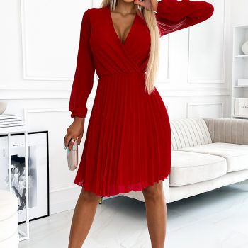 313-13 ISABELLE Plissiertes Kleid mit langen Ärmeln und Umschlagausschnitt – rot fest damenkleider numoco sendoro shop