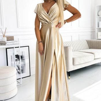 411-7 CRYSTAL Langes Kleid aus Satin mit Ausschnitt - Gold champagne farbe numoco sendoro shop regensburg festkleider damen