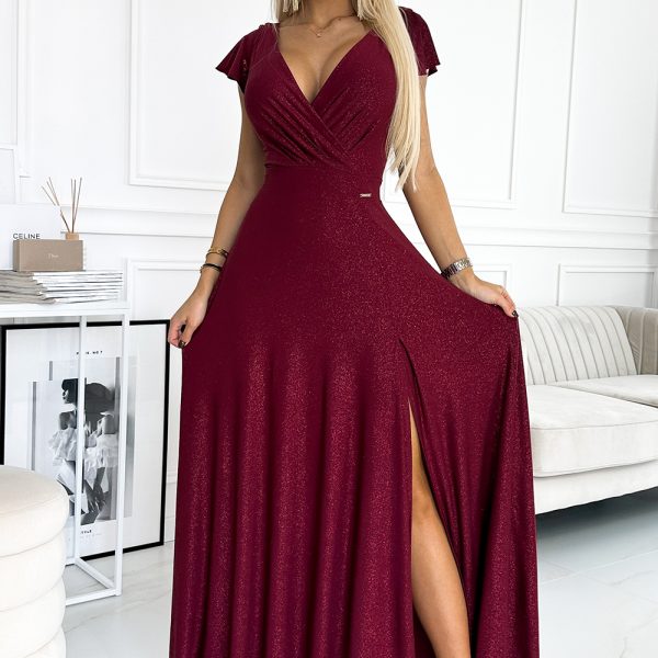 411-8 CRYSTAL schimmerndes langes Kleid mit Ausschnitt - weinrote Farbe