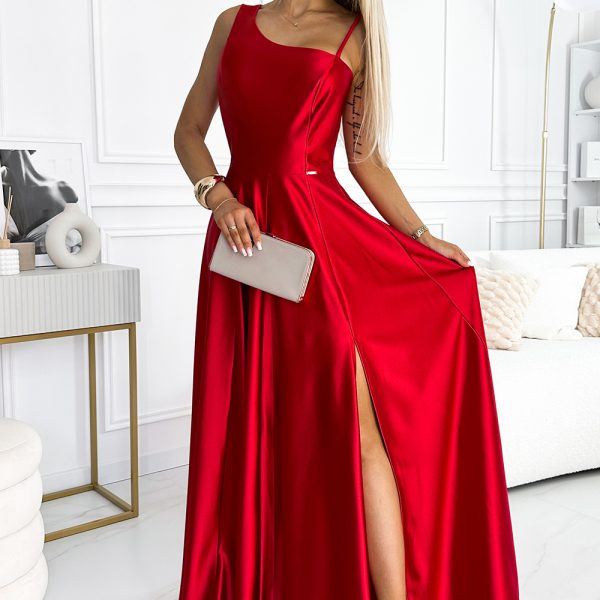 524-1 Langes, elegantes One-Shoulder-Kleid aus Satin - rot