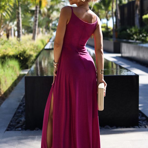 299-19 CHIARA elegantes langes Maxikleid mit Trägern – Fuchsia mit Glitzer-3