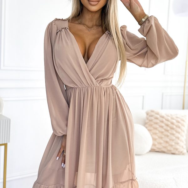 538-1 MILA Chiffon-Midikleid mit langen Ärmeln und Ausschnitt – beige Farbe-2