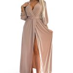 536-2 FIORELLA Langes Kleid mit breitem Gürtel und Ausschnitt - Beige-7