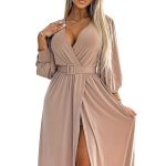 536-2 FIORELLA Langes Kleid mit breitem Gürtel und Ausschnitt - Beige-8