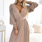 536-2 FIORELLA Langes Kleid mit breitem Gürtel und Ausschnitt - Beige-2