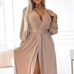 536-2 FIORELLA Langes Kleid mit breitem Gürtel und Ausschnitt - Beige-4