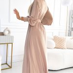 536-2 FIORELLA Langes Kleid mit breitem Gürtel und Ausschnitt - Beige-3