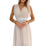 546-1 Plissiertes Kleid mit breitem Gürtel und Ausschnitt – Beige-8