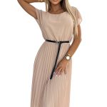 548-1 Plissiertes Midikleid mit schwarzem Gürtel – Beige-7