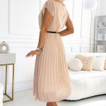 548-1 Plissiertes Midikleid mit schwarzem Gürtel – Beige-3