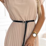 548-1 Plissiertes Midikleid mit schwarzem Gürtel – Beige-6