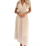 549-1 MIRABELLA Plissiertes Chiffon-Midikleid mit Ausschnitt und zarten Rüschen – Beige-7